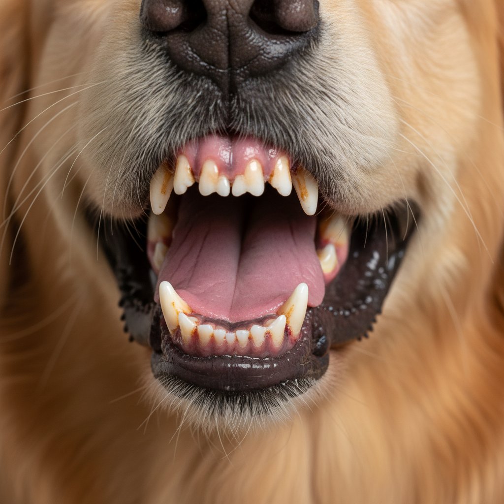 Zbliżenie pyska psa z wyraźnie przebarwionymi zębami i podrażnionymi dziąsłami