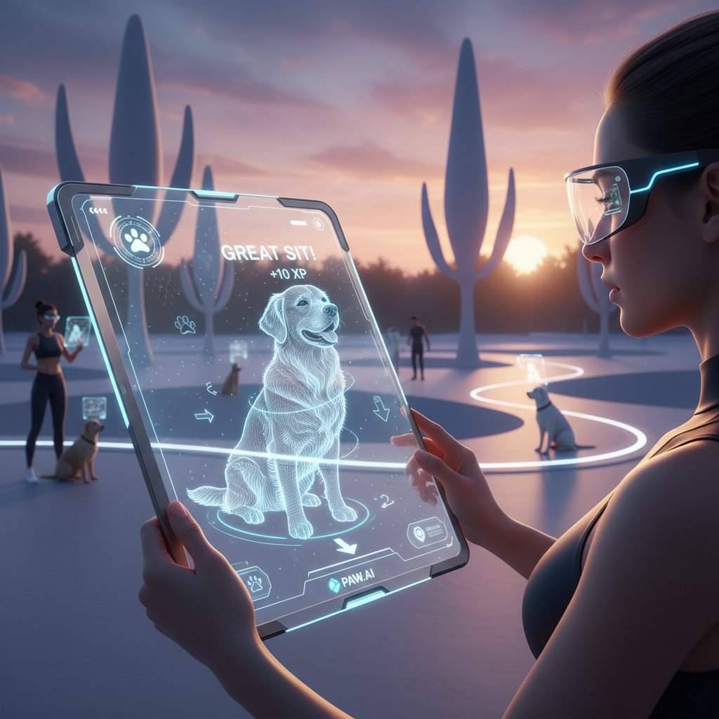 Właściciel korzystający z aplikacji AI do analizy postępów psa, mobilne szkolenie psa online, technologia przyszłości