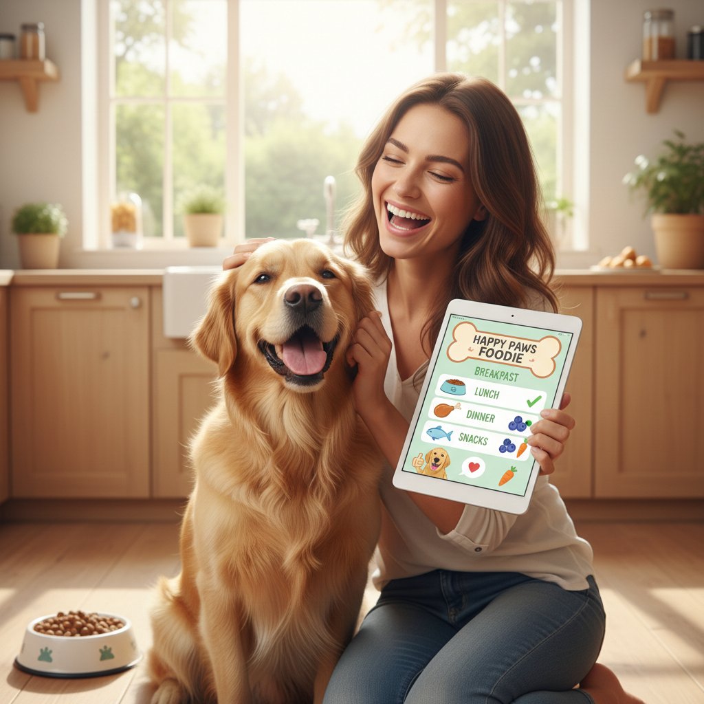 Właścicielka psa monitoruje efekty nowej diety online, uśmiechnięty pies obok