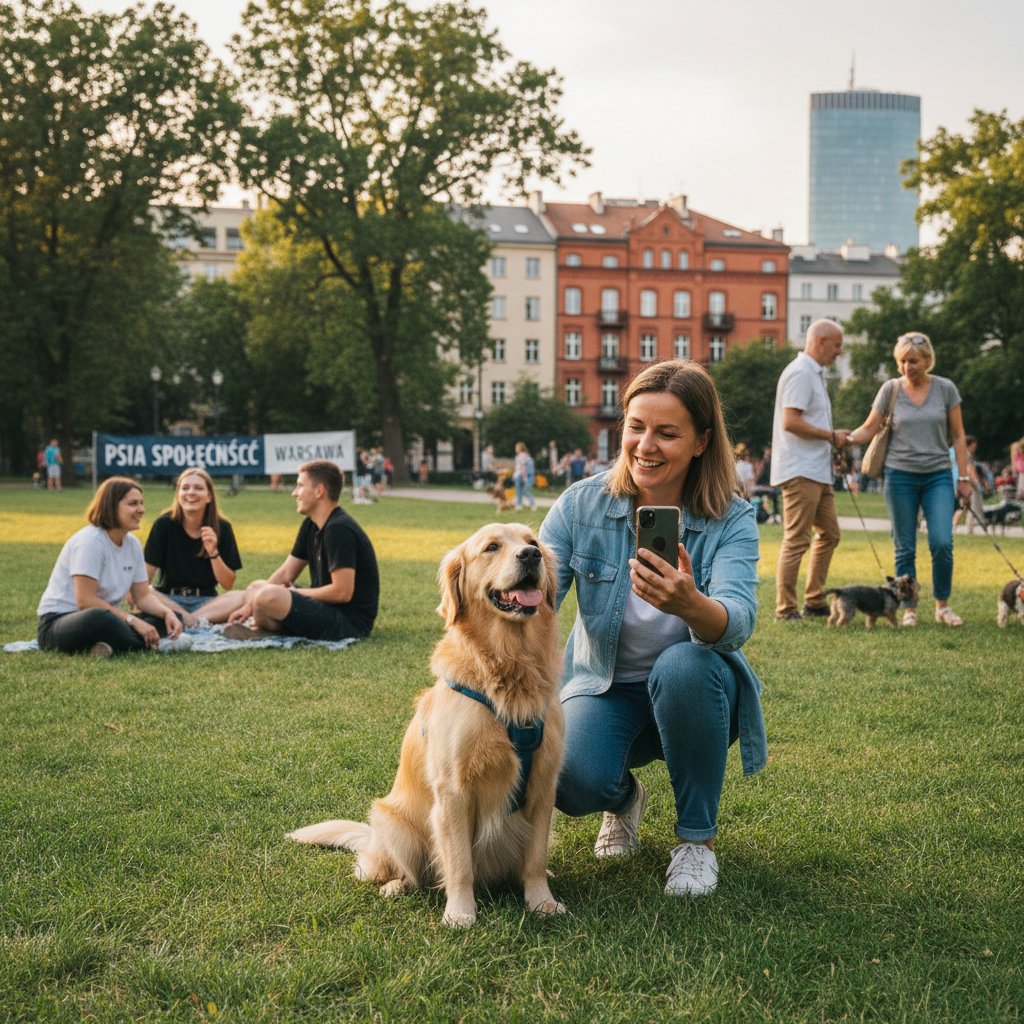 Właściciel psa siedzący z psem w parku miejskim, korzystający ze smartfona do dzielenia się opinią w aplikacji