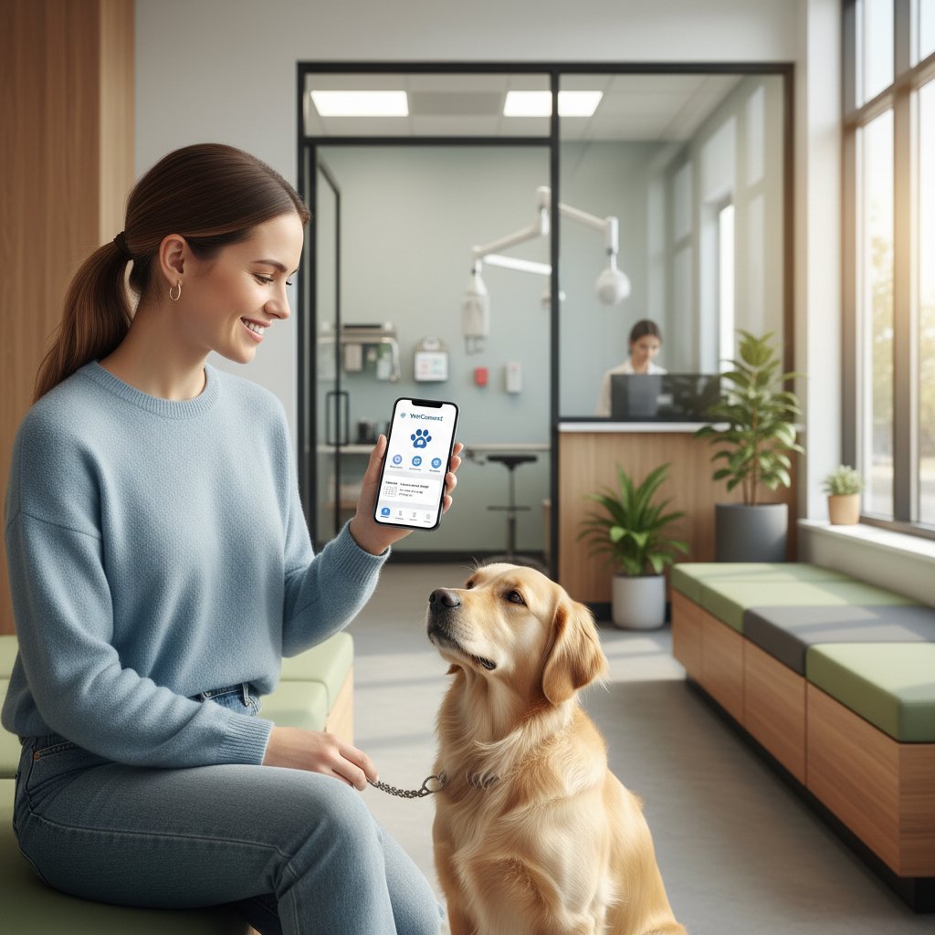 Właściciel psa korzysta z aplikacji do monitorowania zdrowia pupila podczas oczekiwania w klinice