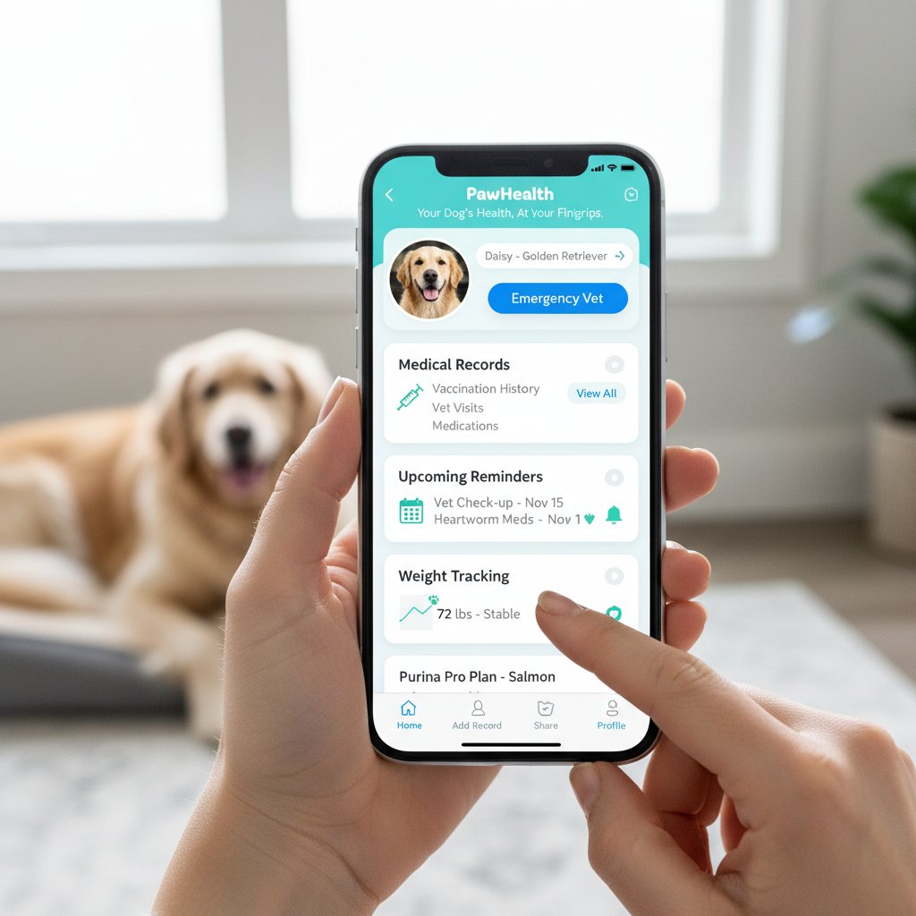 Właściciel psa sprawdzający historię zdrowotną pupila w aplikacji weterynarz.ai