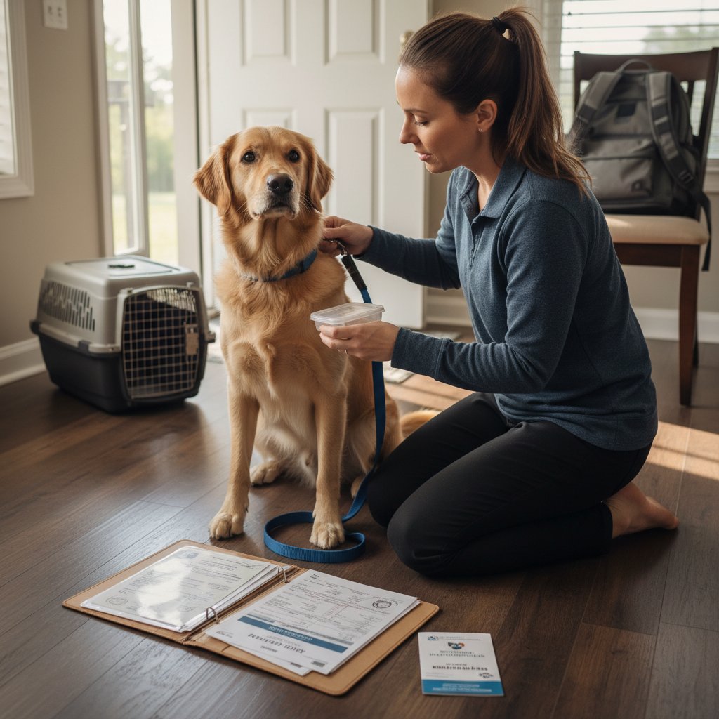 Opiekun szykujący się do wizyty u weterynarza z psem na smyczy, dokumenty w ręku