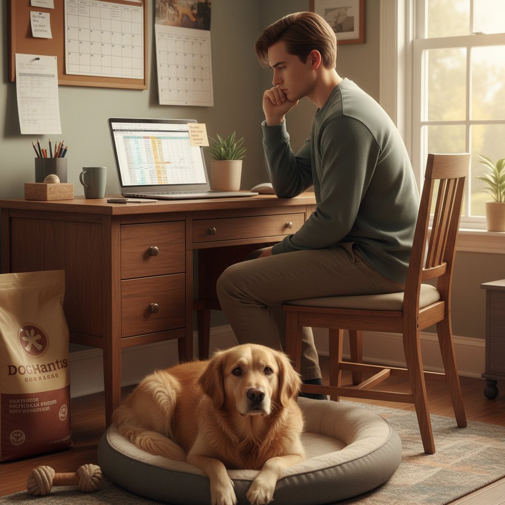 Właściciel psa zamyślony nad odpowiedzialnością cyfrową, laptop i pies