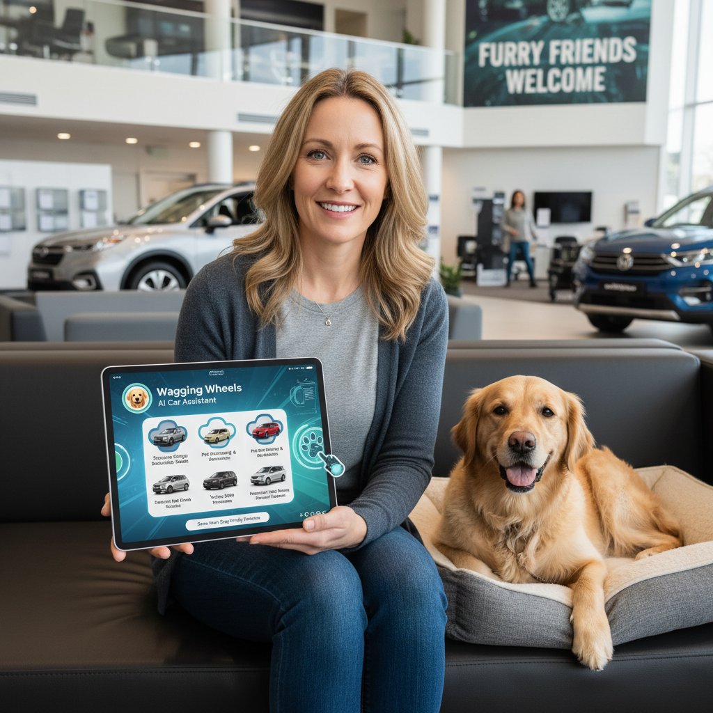 Dog owner using a smart assistant to choose car, highlighting dog friendly cars with AI recommendations