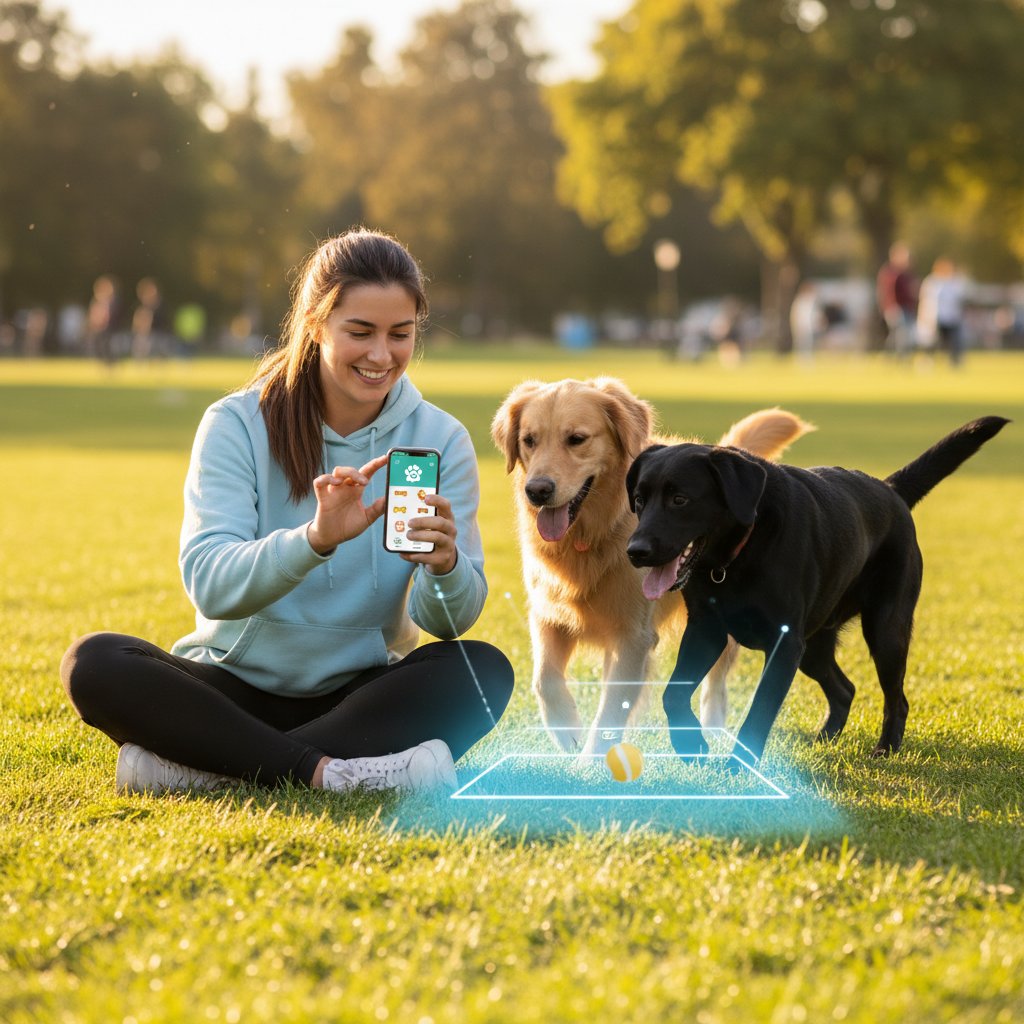 Pani Ola korzysta z aplikacji do monitorowania zdrowia psa, pies bawi się obok niej