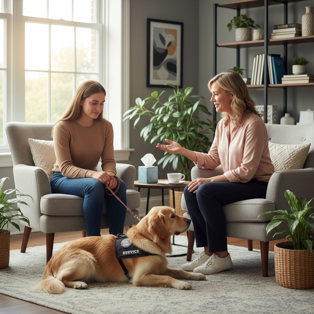 Właściciel psa rozmawiający z psychologiem, wsparcie emocjonalne