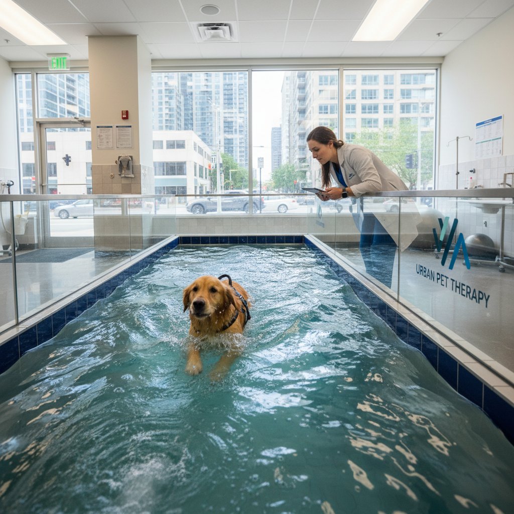 Pies podczas hydroterapii w basenie rehabilitacyjnym, rehabilitacja psa, nowoczesna fizjoterapia zwierząt