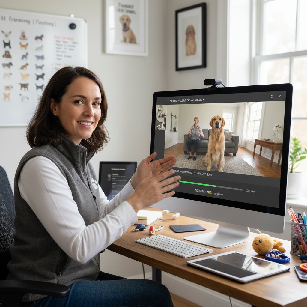 Trener online analizujący nagranie treningowe psa na komputerze, konsultacje online, szkolenie psa przez internet
