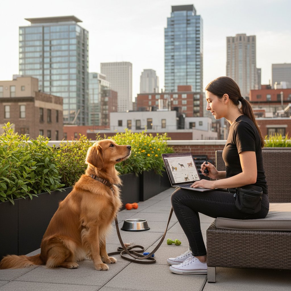 Pies ogląda szkolenie online na laptopie w miejskim mieszkaniu
