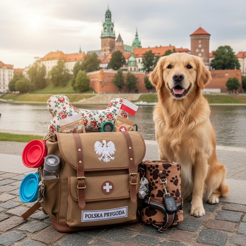 Zestaw akcesoriów podróżnych dla psa: smycz, miska, apteczka, worki na odchody, wszystko na tle plecaka