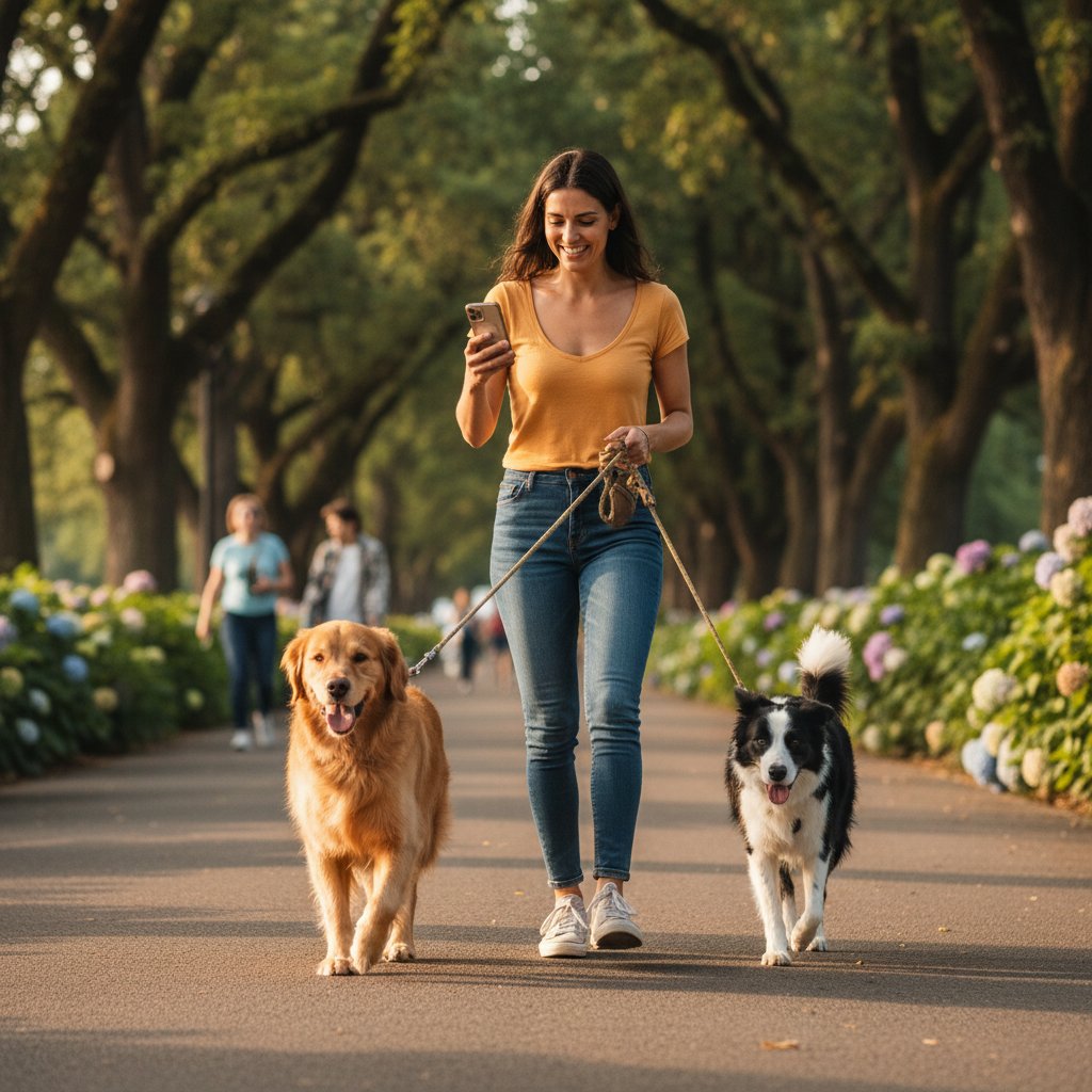 Spacer z psem – właściciel trzyma telefon, ale skupia się na kontakcie z psem