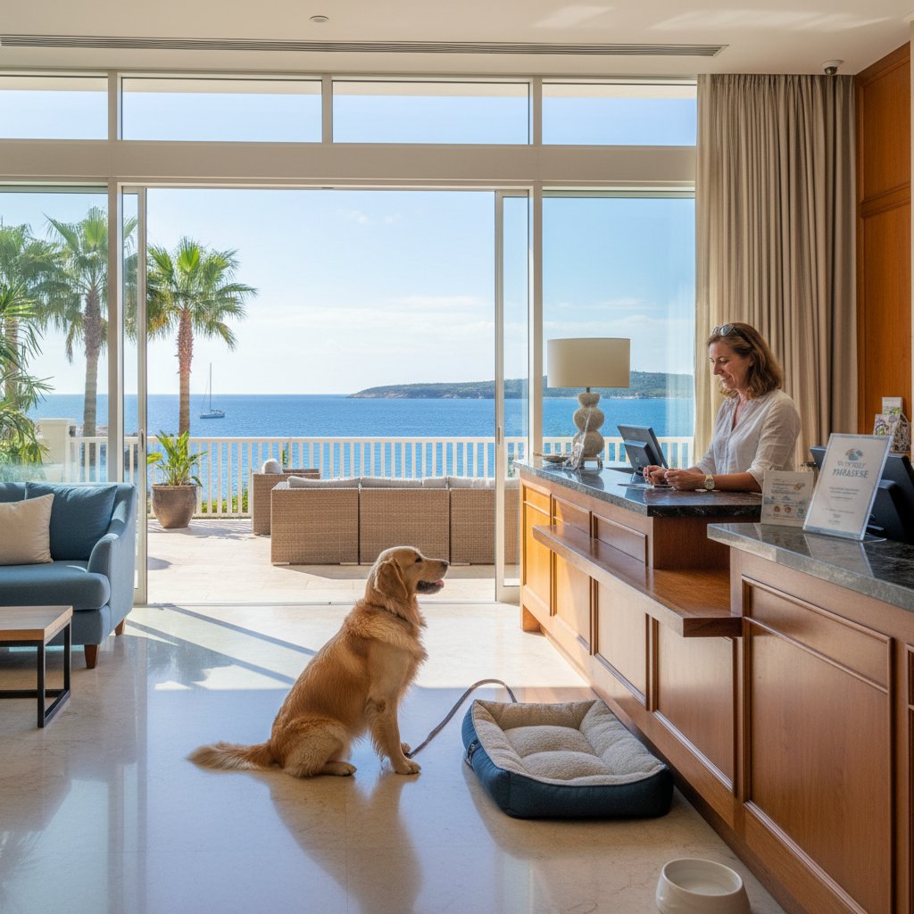 Pies z właścicielem na recepcji hotelu z widokiem na morze