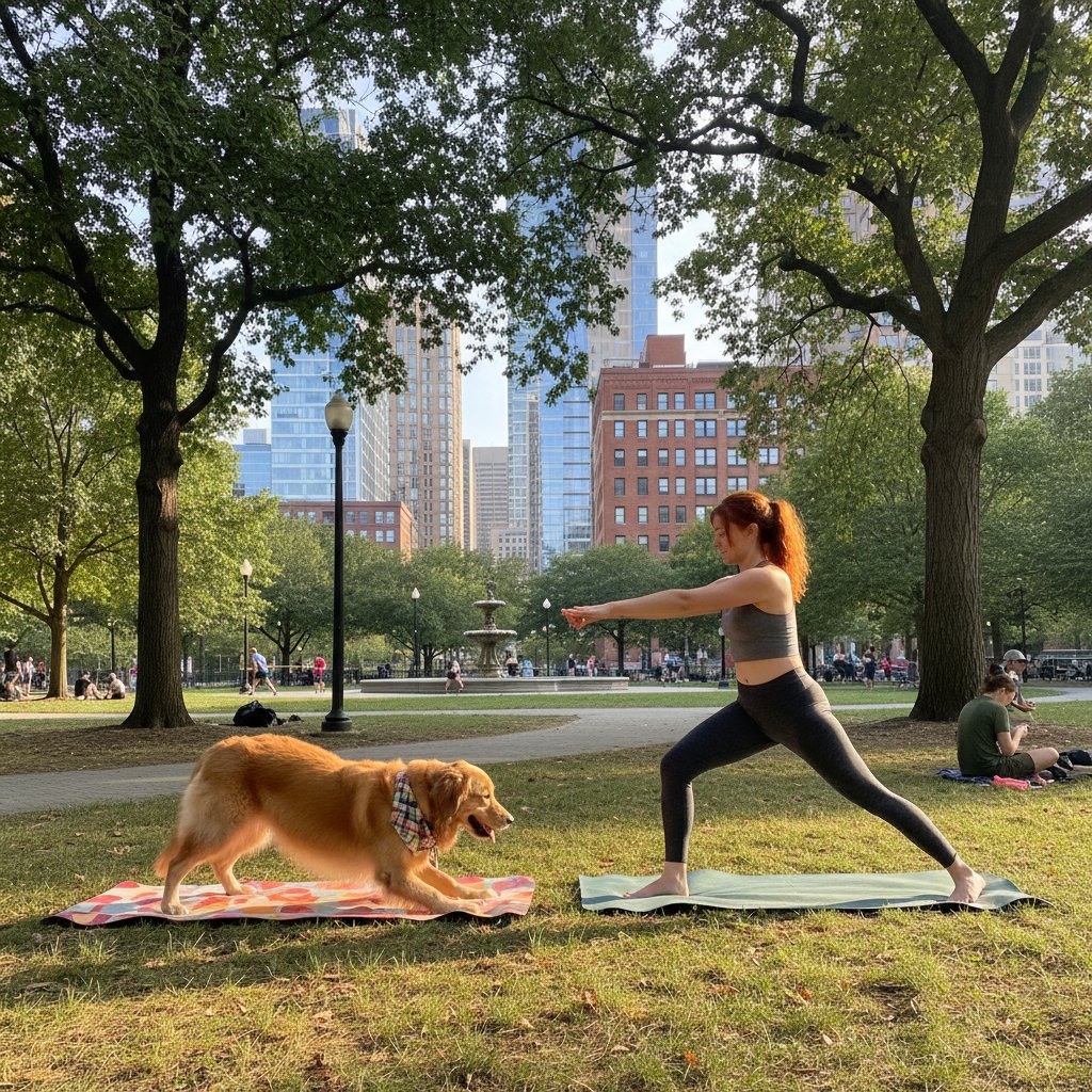 Opiekun ćwiczący jogę z psem w parku miejskim, relaksacyjne otoczenie