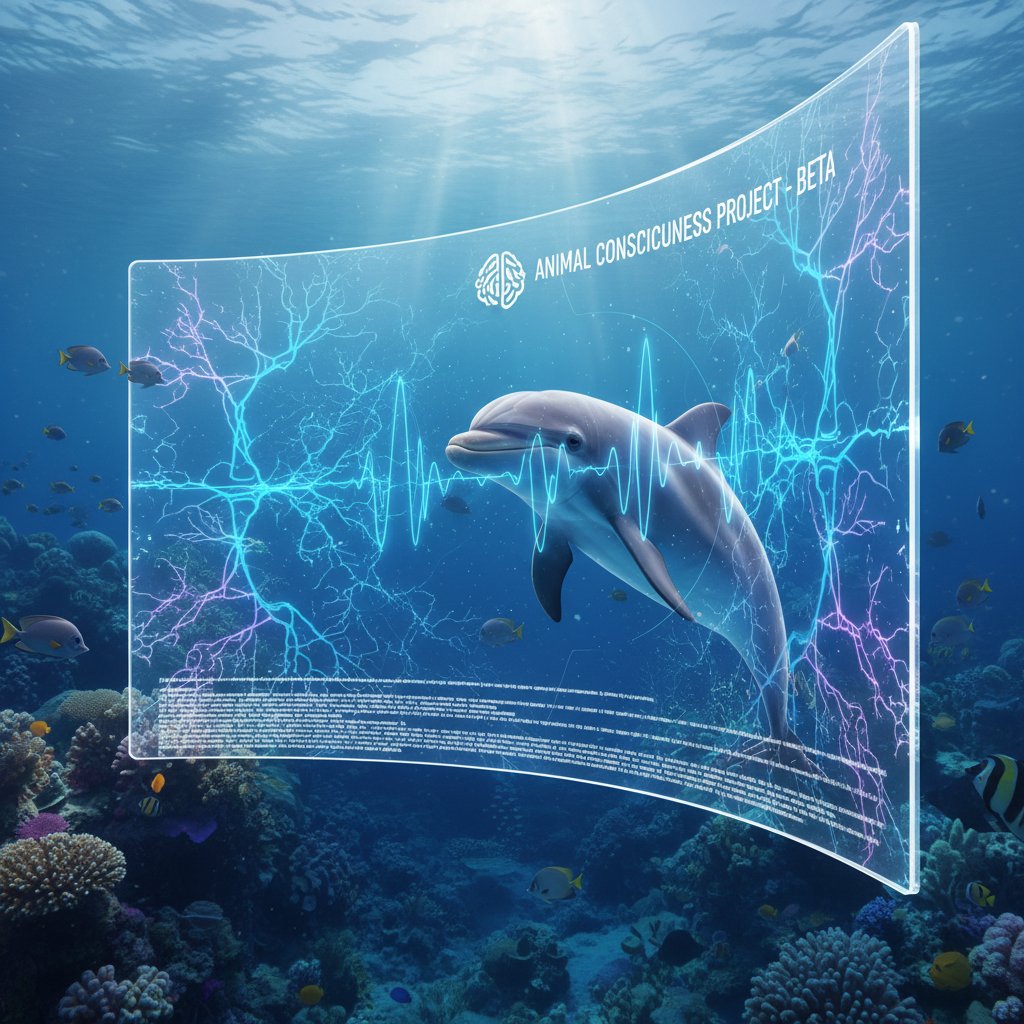 Zdjęcie delfina patrzącego w lustro i AI na ekranie obok – świadomość w świecie zwierząt i maszyn