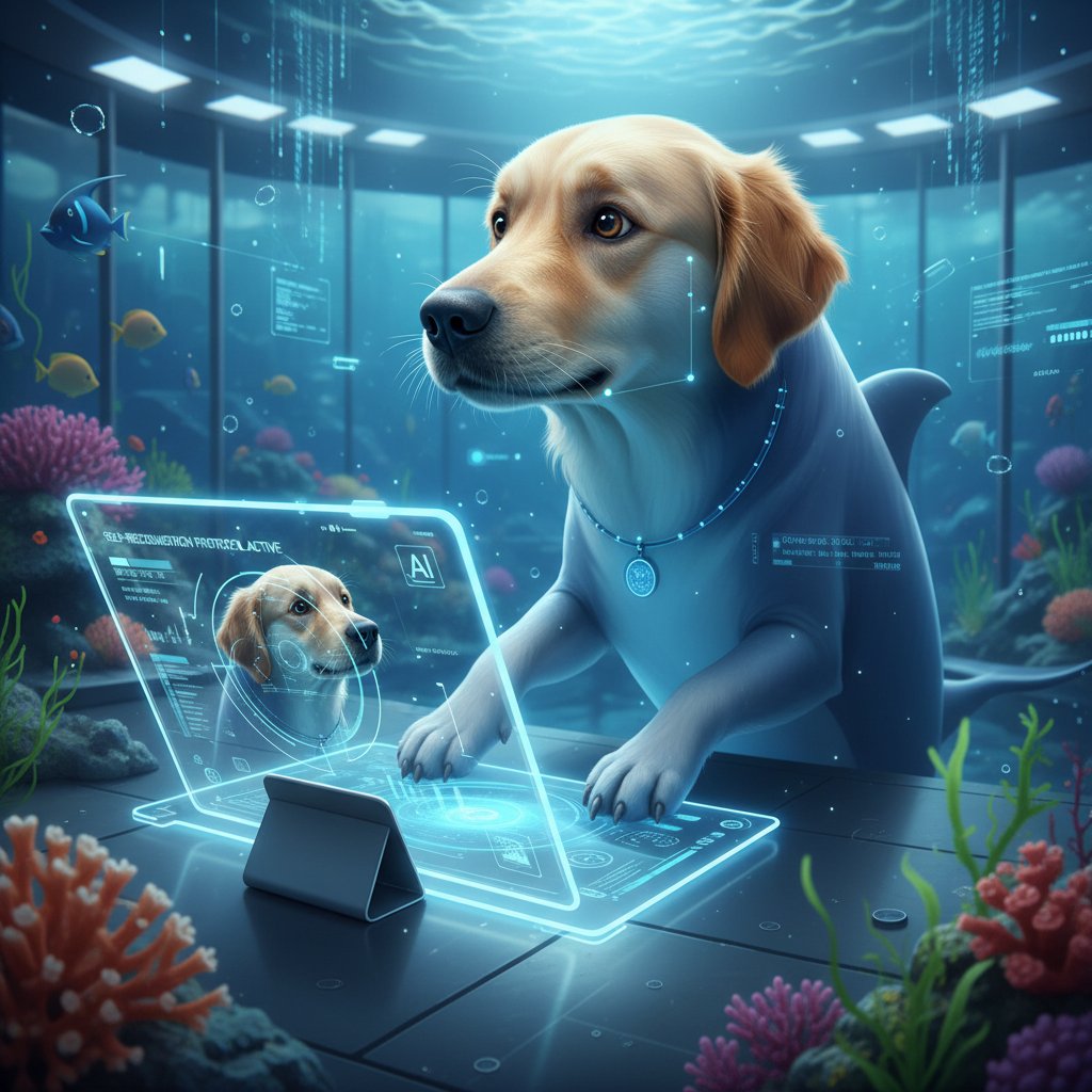 Delfin i pies patrzący na siebie w lustrze, obok tablet AI