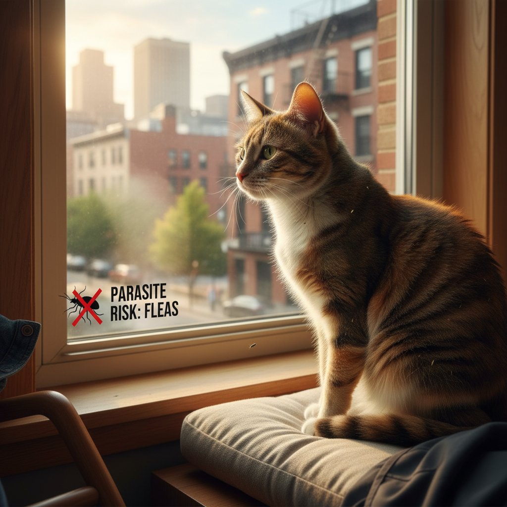 Kot domowy siedzący na parapecie z widokiem na miasto, symbolizujący bezpieczeństwo pozorne