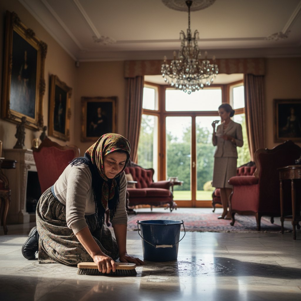 Domestic worker walking through opulent home, Roma-inspired scene, class contrast in everyday life