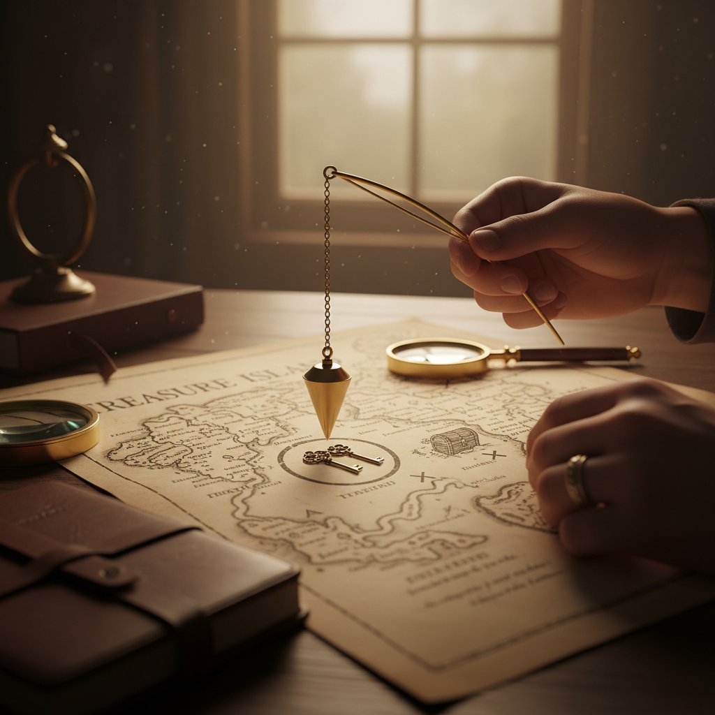 Osoba z wahadełkiem nad mapą, próba odnalezienia zagubionych kluczy