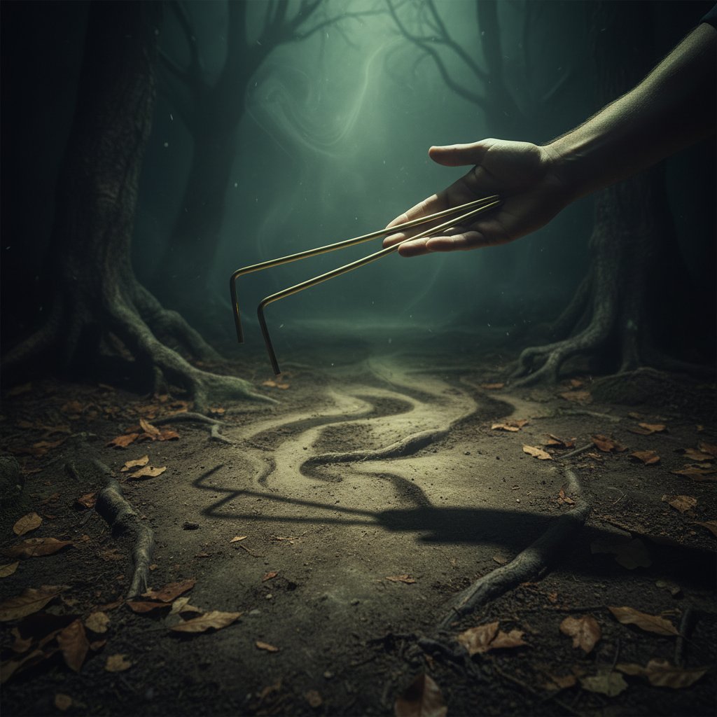 Zbliżenie na dłoń trzymającą wahadełko, cień i tajemnicza atmosfera