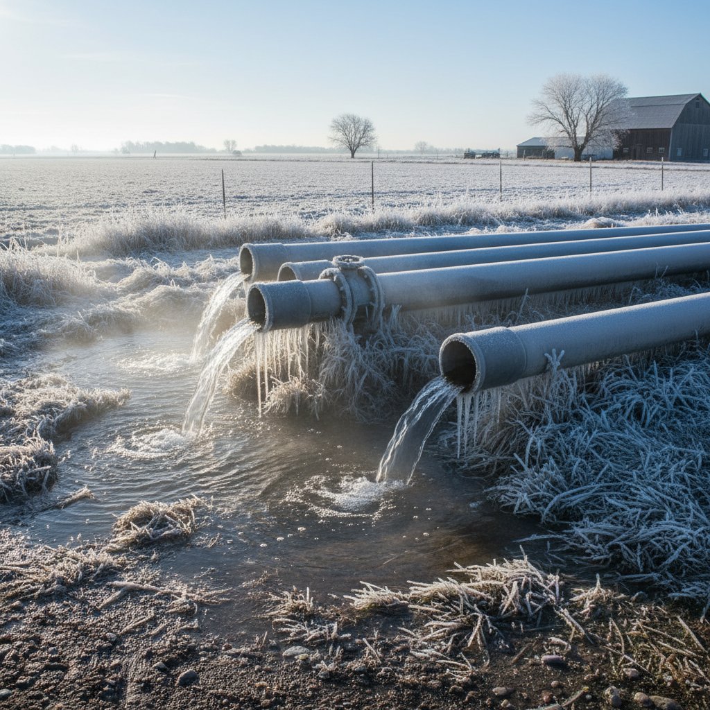 Opróżnianie rur nawadniających przed zimą, zbliżenie na ręce i mróz