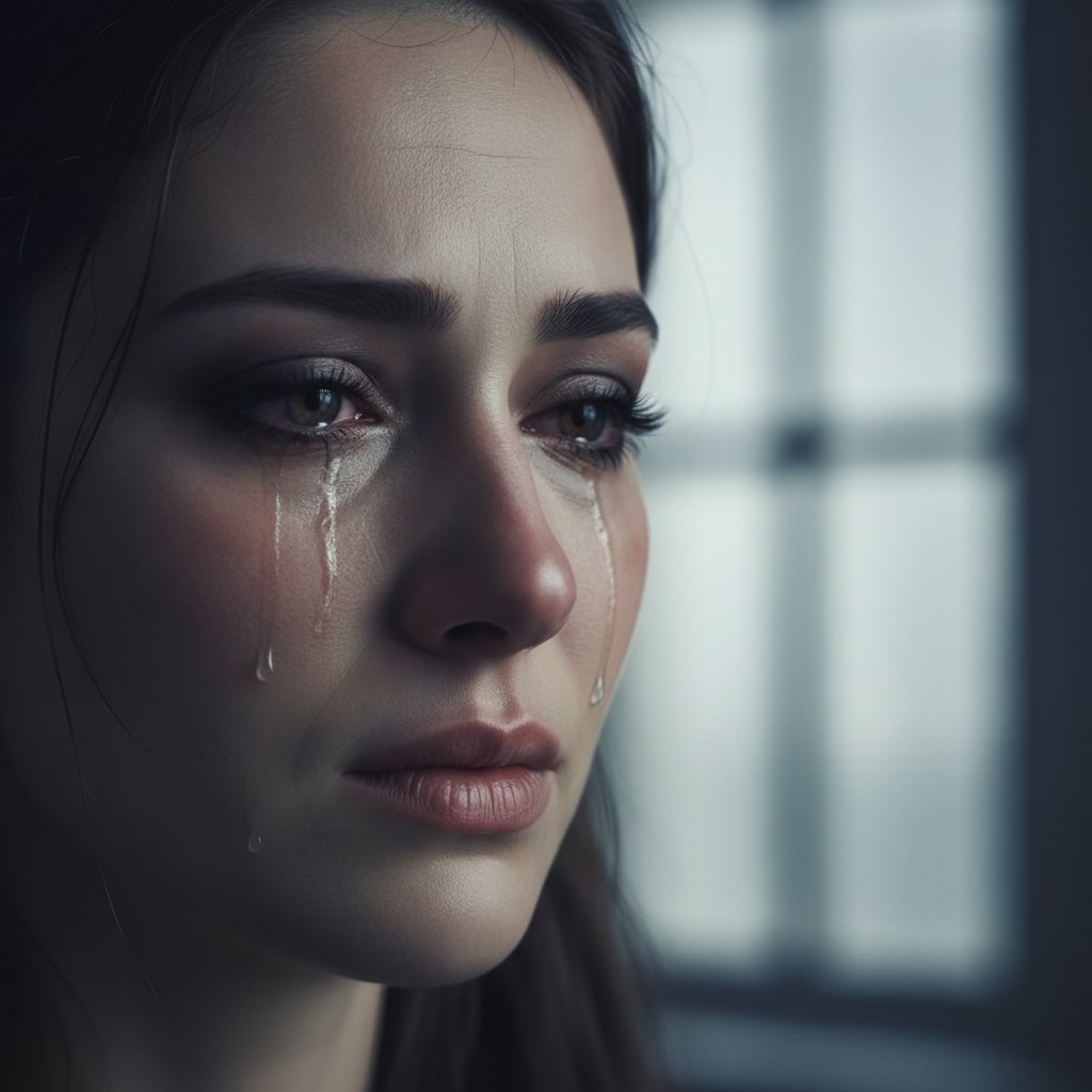 Close-up of subtle, nearly invisible VFX in drama film, realistic tears blending makeup and digital touch-up