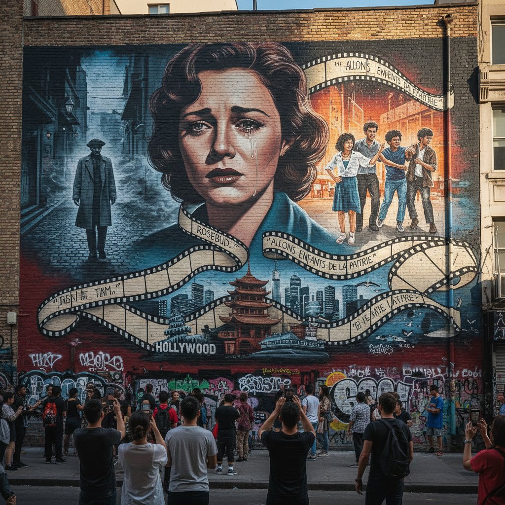 Street art mural depicting a scene from a culturally influential drama film, drama movies cultural influence
