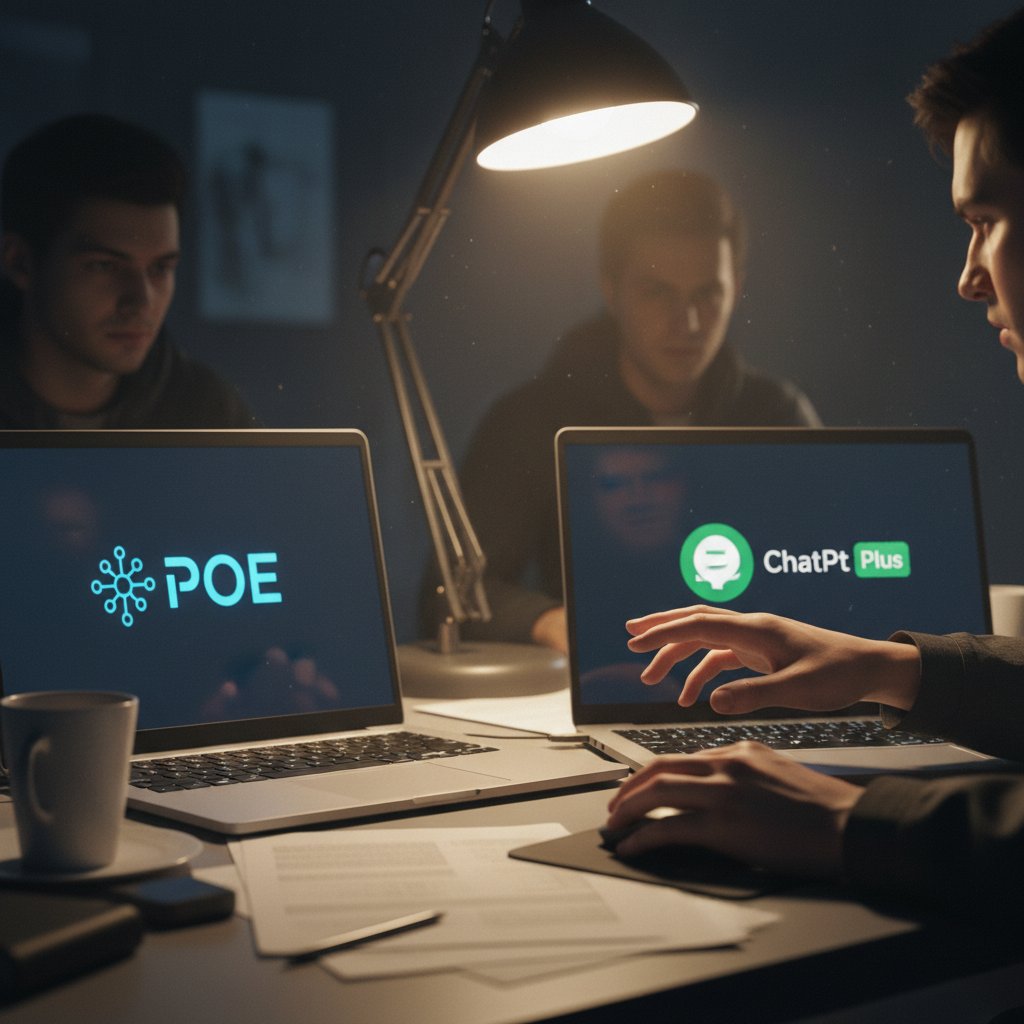 Polak wybierający między Poe a ChatGPT Plus przy biurku nocą