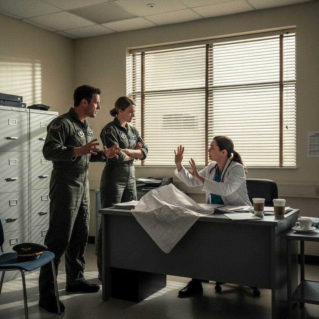 Dwóch pilotów dyskutujących z lekarzem lotniczym w gabinecie