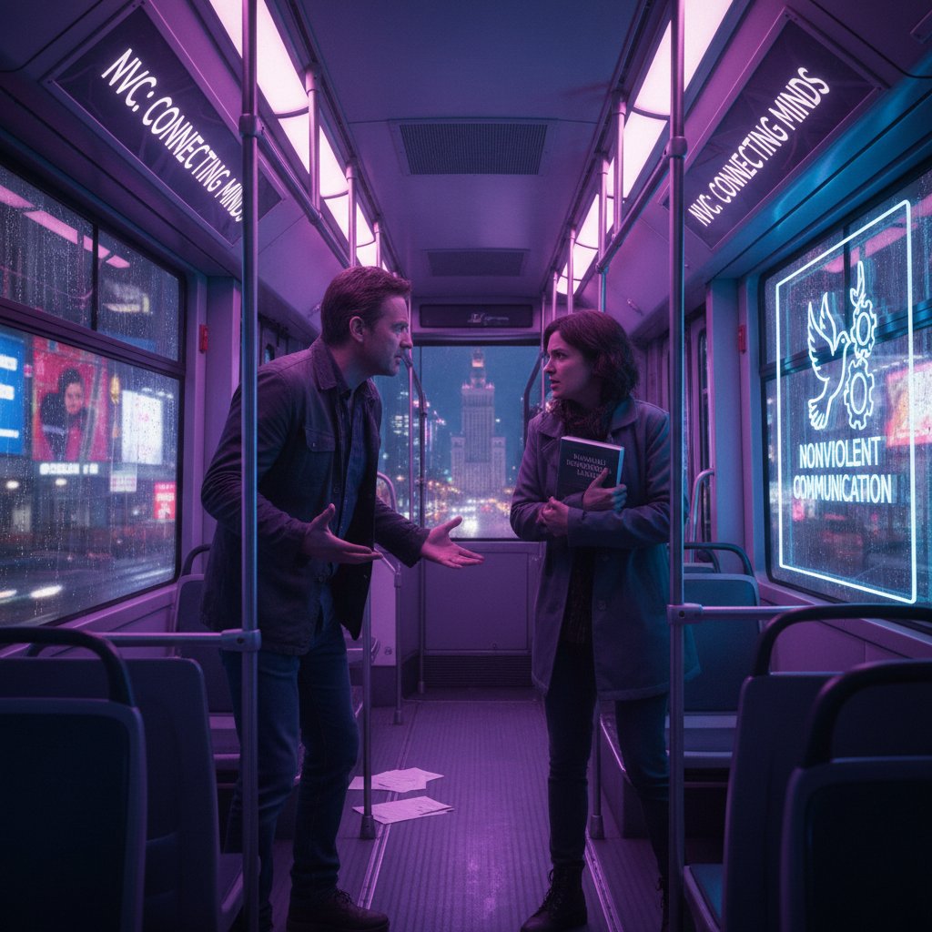 NVC w popkulturze i mediach – Bohaterowie kłócący się w tramwaju, Warszawa nocą, neonowe światła, subtelna aluzja do NVC