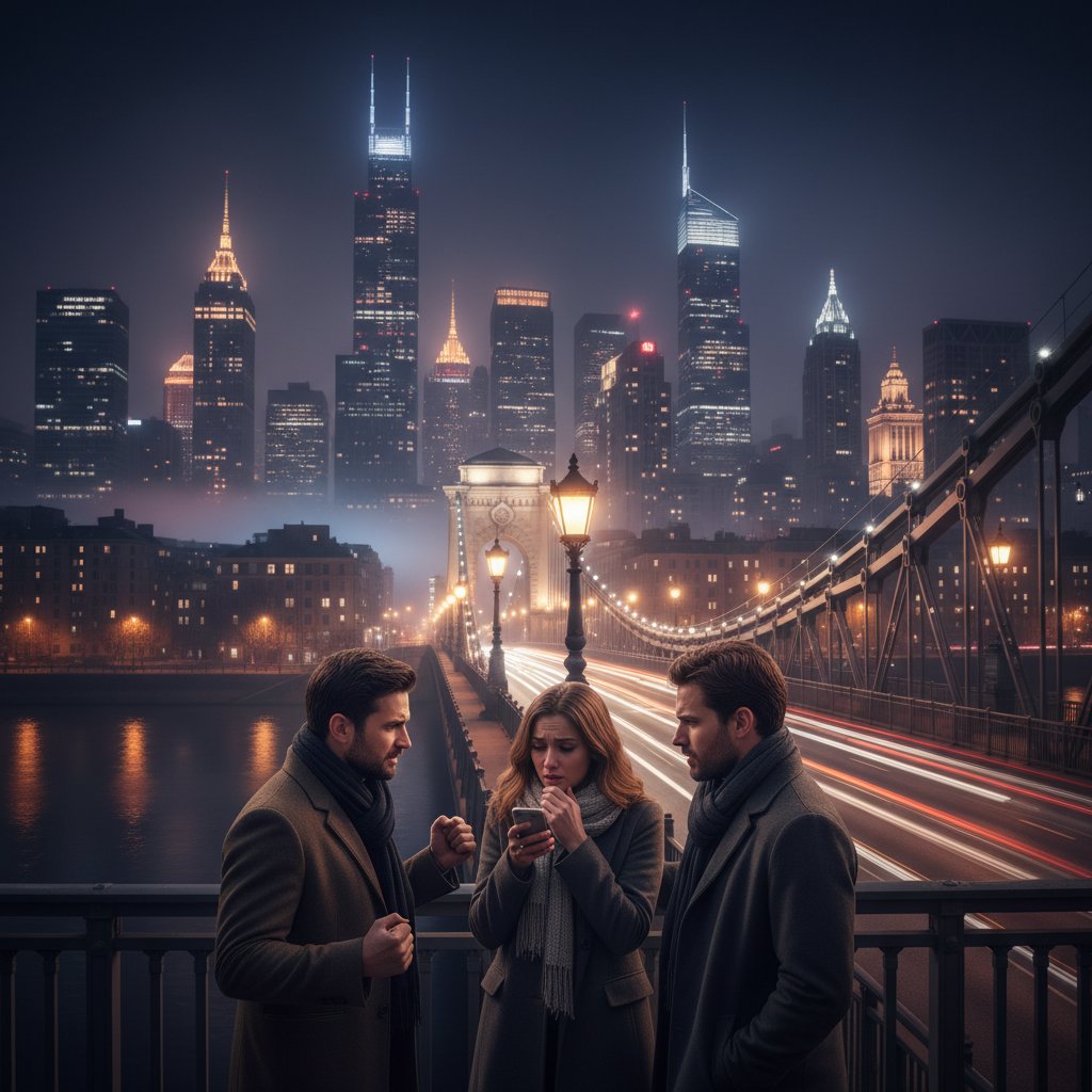 Przyjaciele rozmawiający na moście nocą – przełomowa rozmowa w mieście