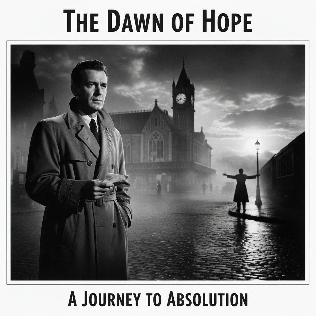 A dramatic photo of a classic film character facing a moment of redemption, capturing the essence of movie themes