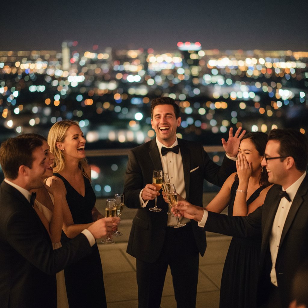 Grupa współpracowników świętująca na hotelowym tarasie z widokiem na nocne miasto