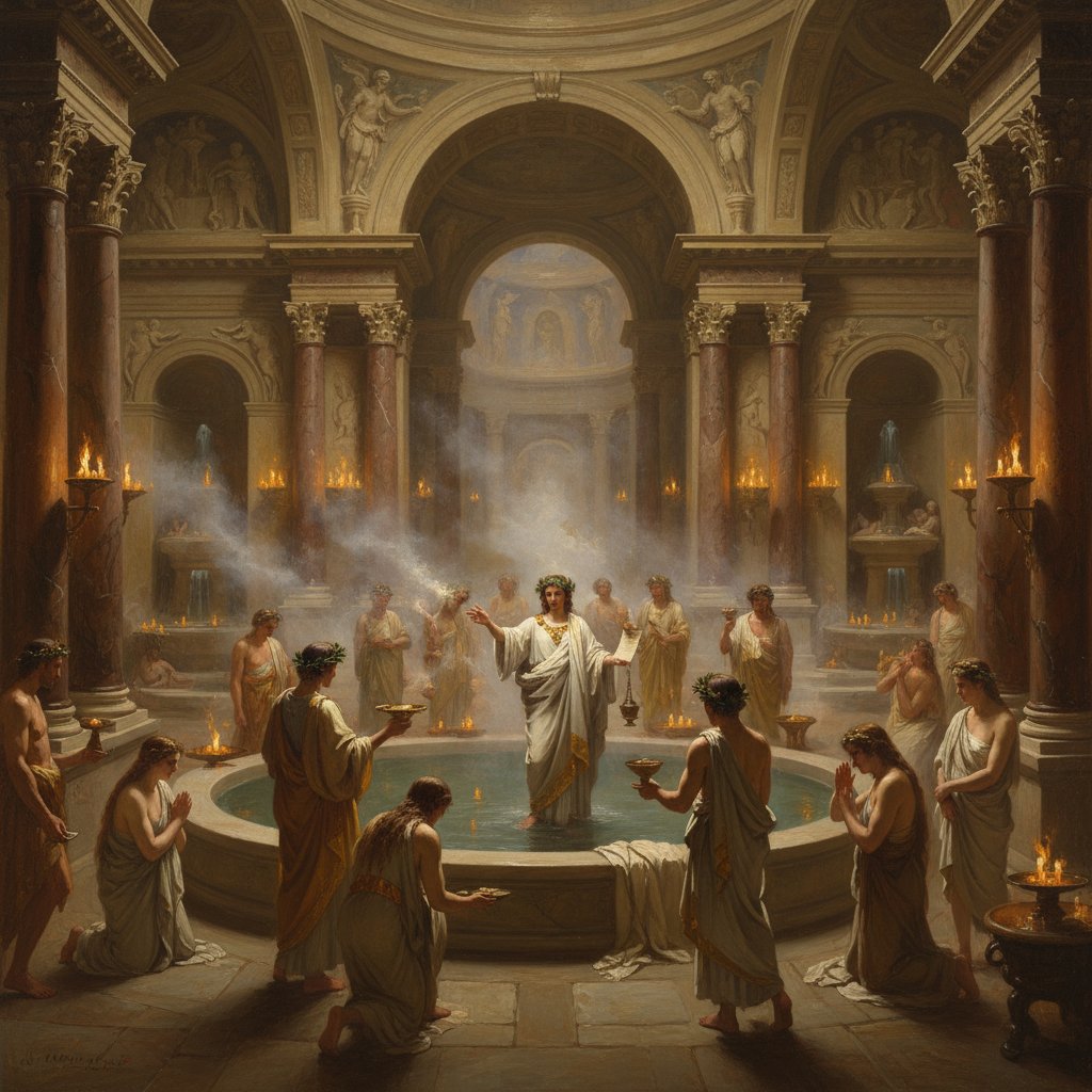 Starożytna łaźnia z ludźmi w rytuale leczenia wodą – początki hydroterapii