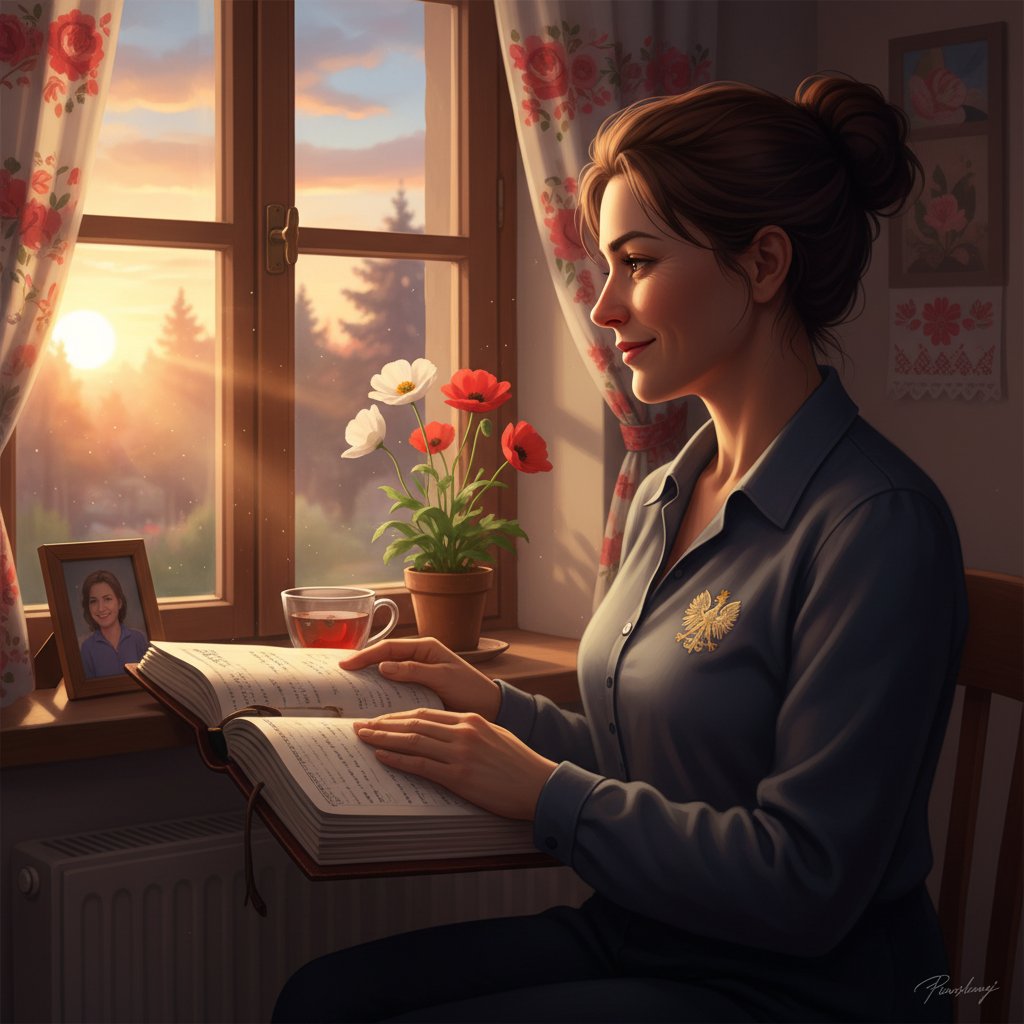 Osoba zamykająca wypełniony dzienniczek ciśnienia, wschód słońca, poczucie ulgi