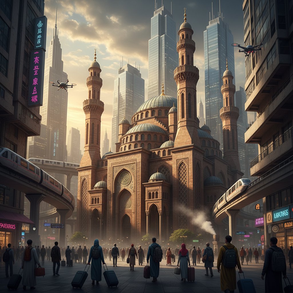 Dramatic mosque architecture in unexpected urban settings, AI-generated photo