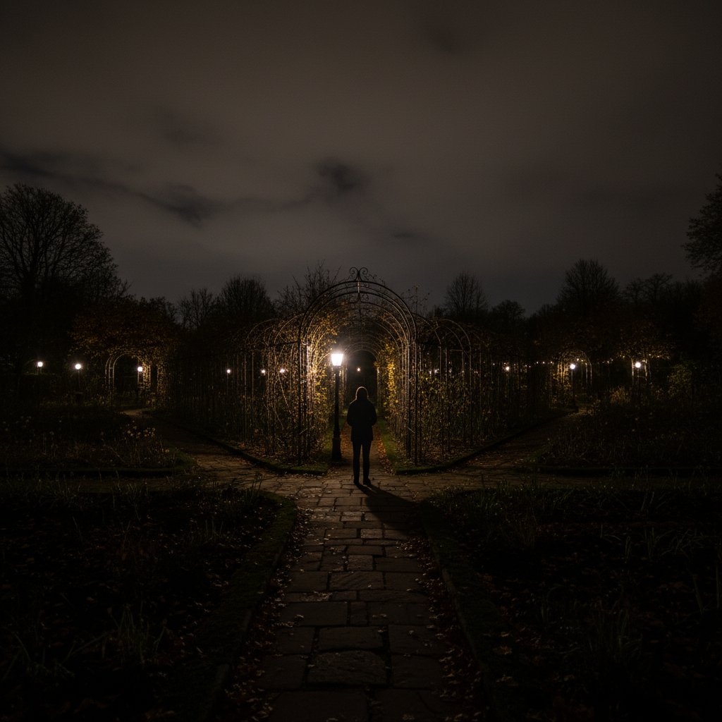 Ogród nocą, światła powoli gasną – symbol decyzji i przyszłości