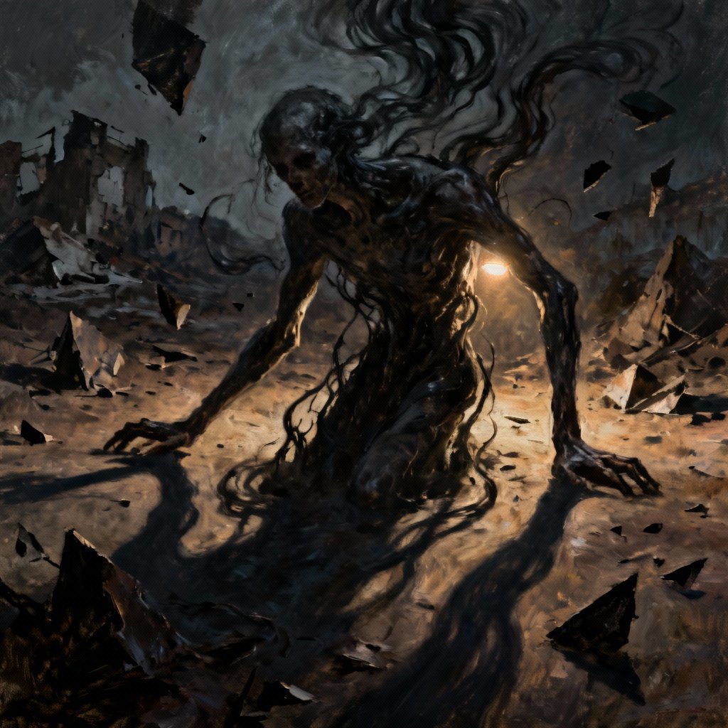 Obraz inspirowany koszmarem, zniekształcone postacie, ekspresyjna scena snu