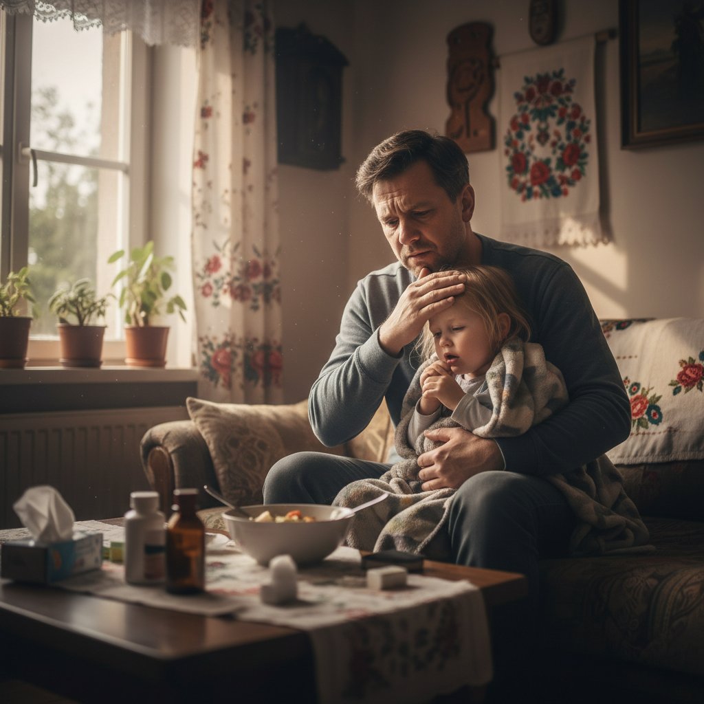 Zatroskany rodzic czuwa przy chorym dziecku – pneumokoki.