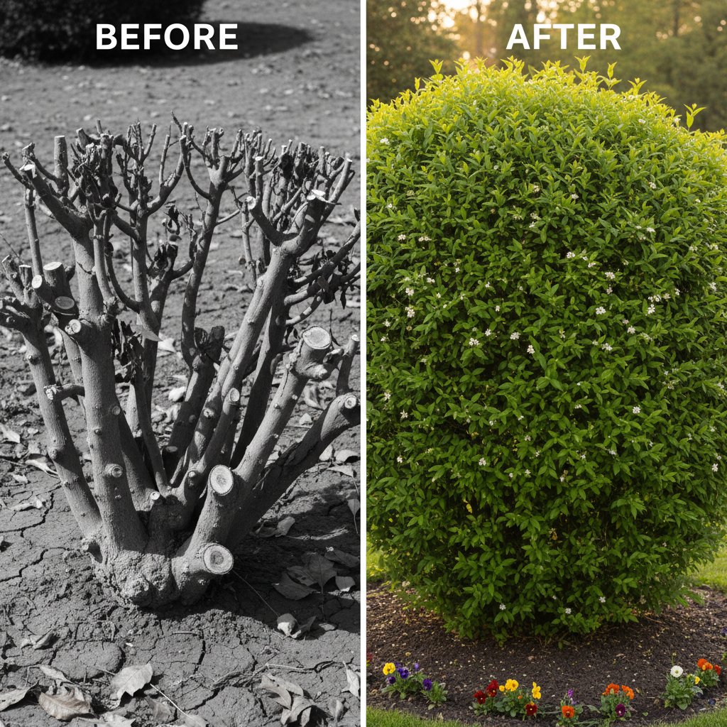 Roślina przed i po radykalnym cięciu – zestawienie zdjęć, widoczna dynamiczna regeneracja
