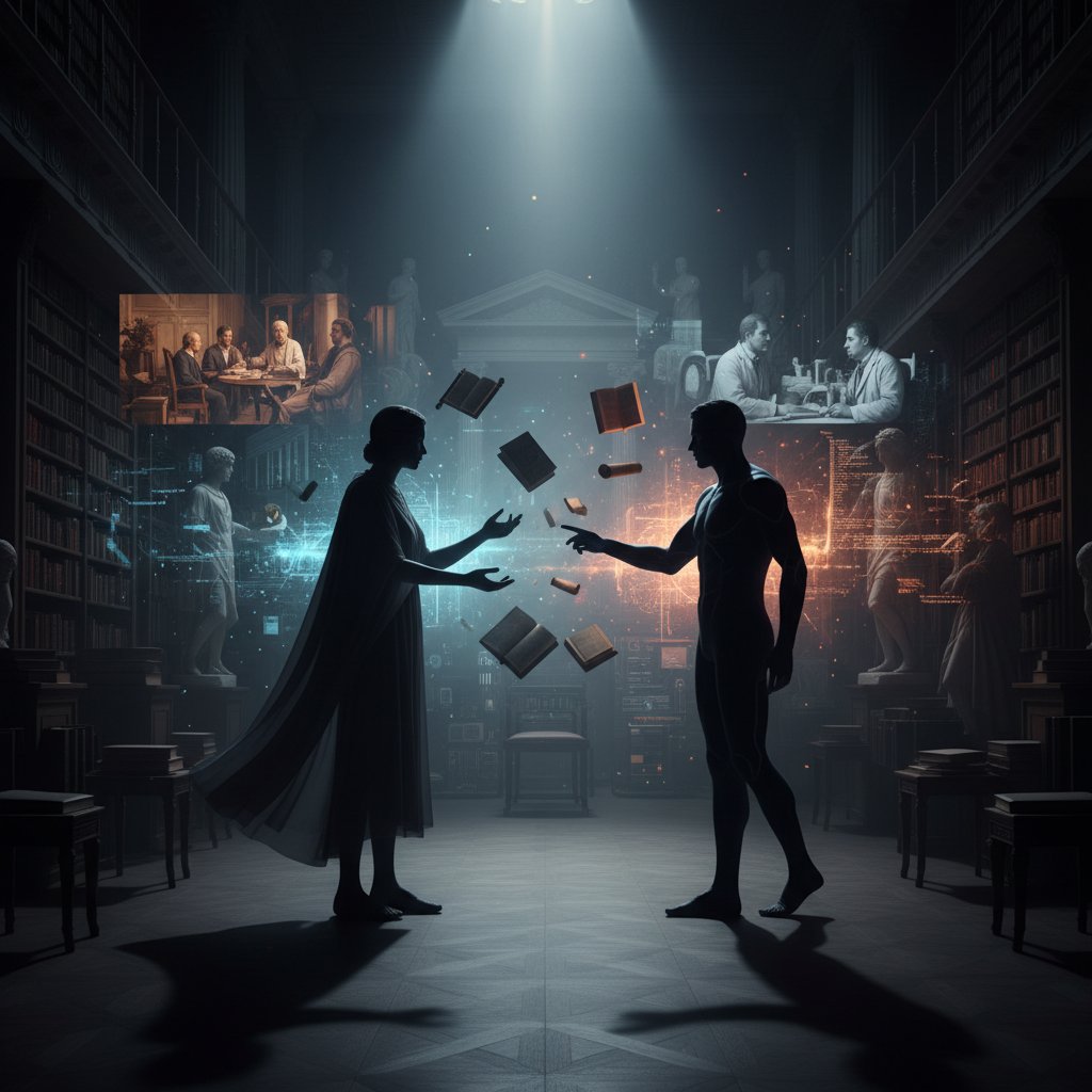 Debata z cyfrową sylwetką kontrowersyjnej postaci w mrocznej scenerii, ilustrująca dylematy etyczne AI historycznych