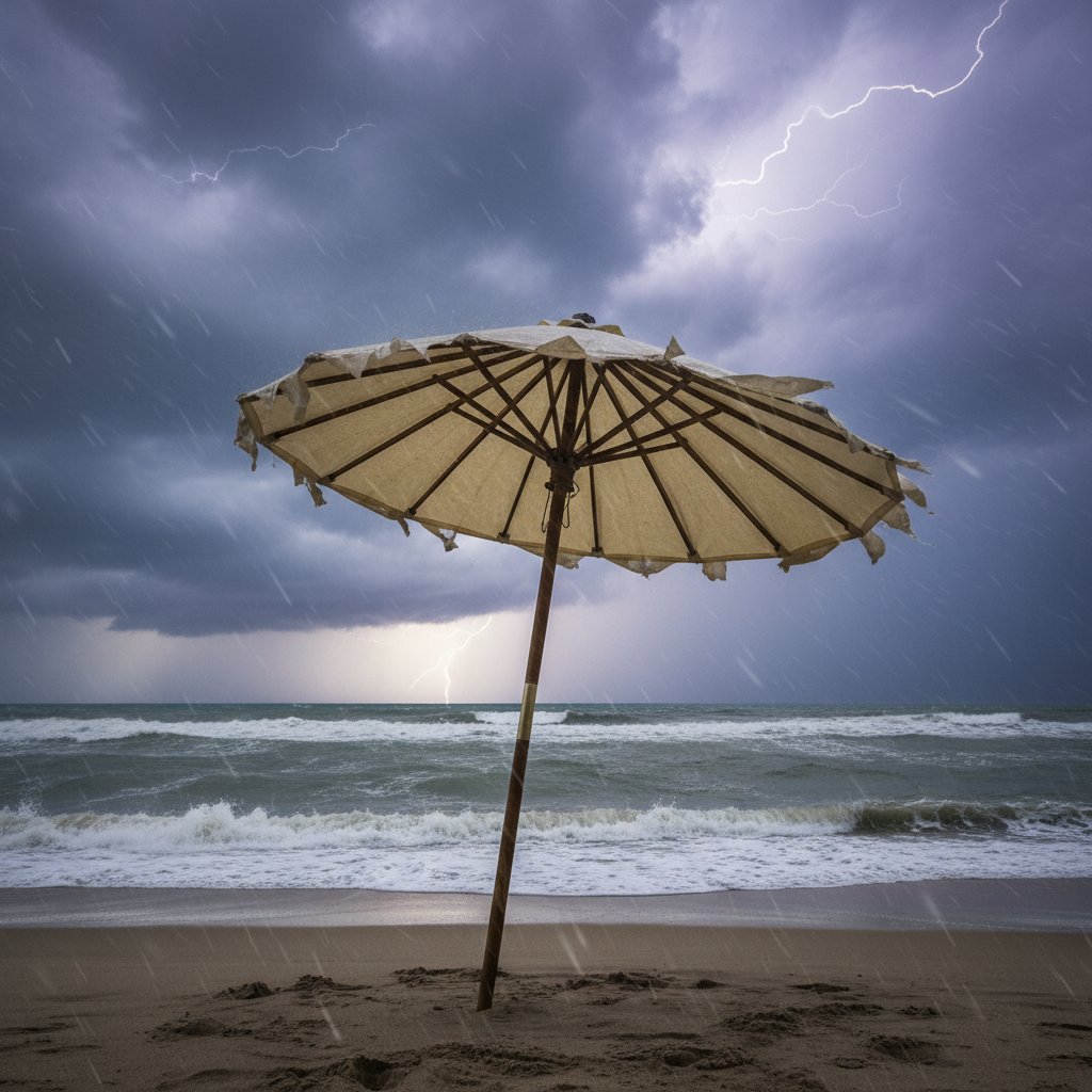 Dramatyczne ujęcie samotnego parasola stojącego po letniej burzy, symbolizujące wytrzymałość i niezłomność