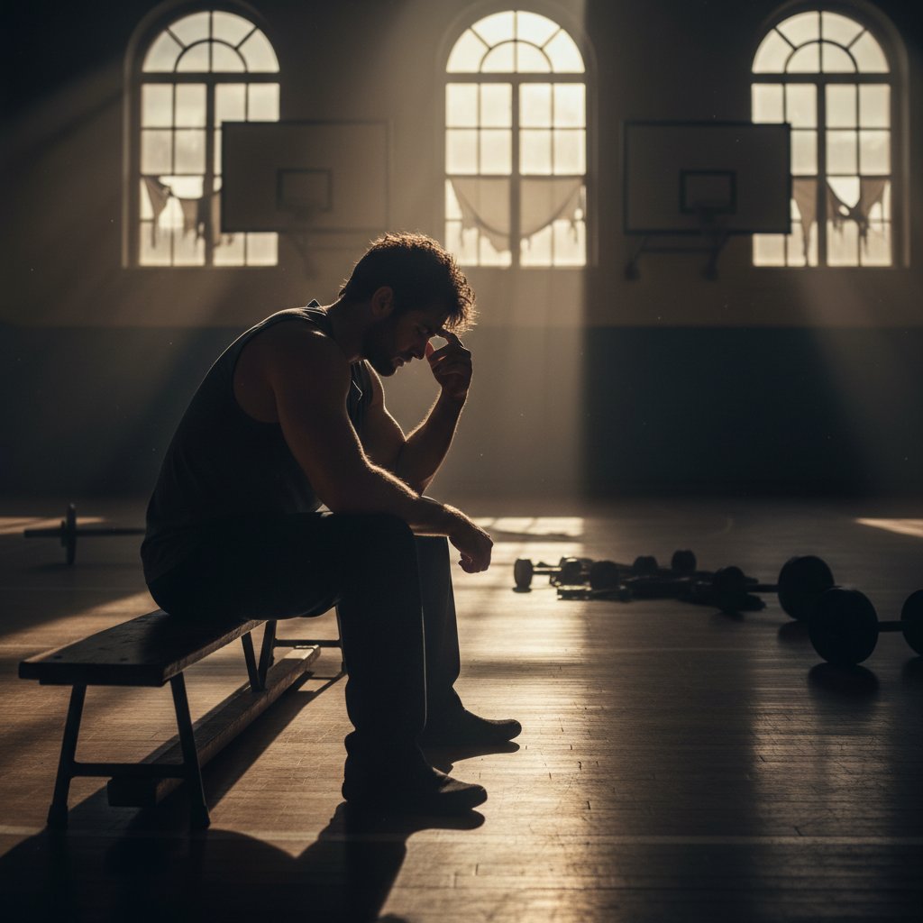 Osoba patrząca z niepewnością na pustą siłownię, symbol strachu przed zmianą, motywacja i blokady