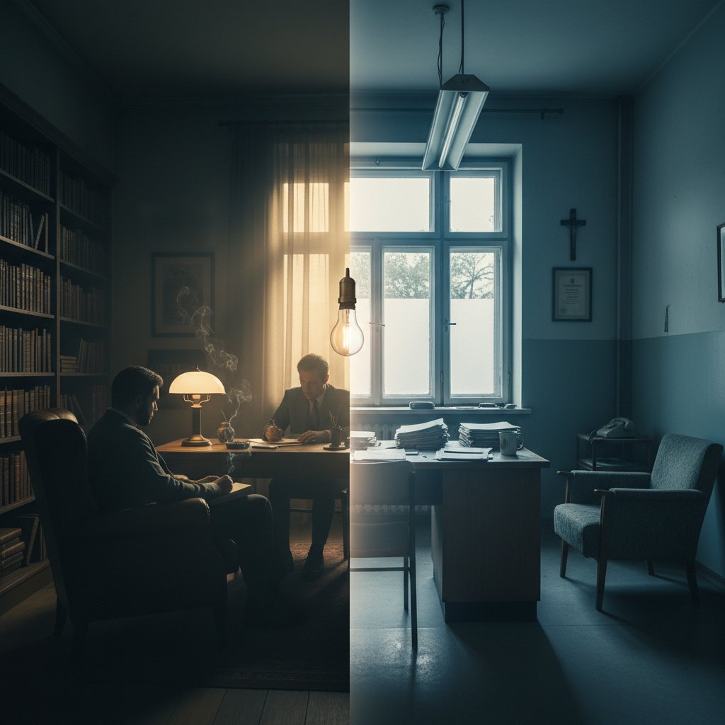 Kontrast: filmowy gabinet psychiatry a prawdziwa konsultacja w Polsce, symboliczne oświetlenie