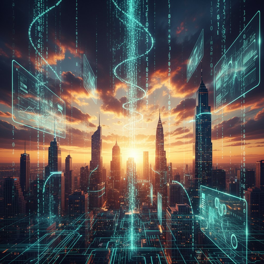 Symboliczny początek nowej ery kreatywności w biznesie – zdjęcie wschodu słońca nad panoramą miasta z kodem cyfrowym w chmurach