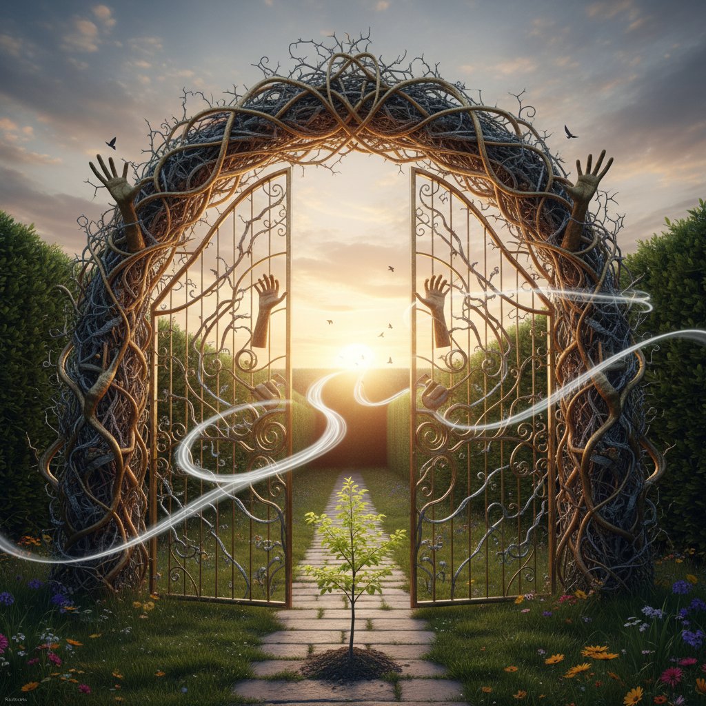 Dramatic, symbolic image of maze gates opening at sunrise, hopeful mood, 16:9