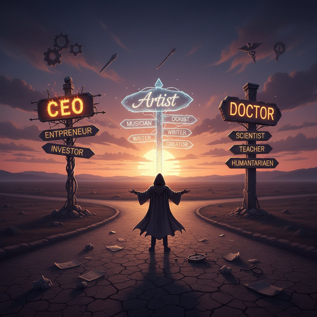 Osoba stojąca na rozdrożu z nazwami zawodów, symboliczne światło, rekrutacja