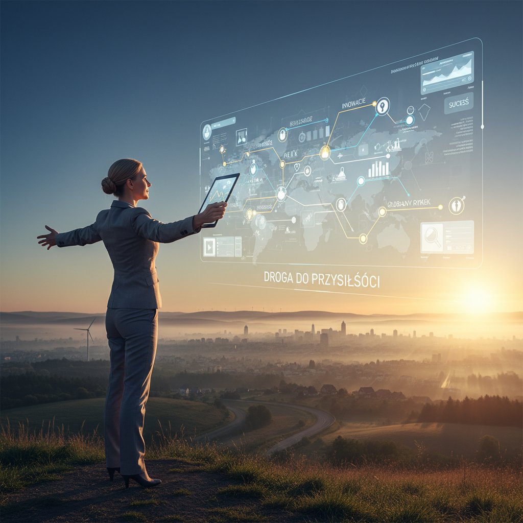 Dramatyczne zdjęcie polskiego przedsiębiorcy o świcie patrzącego na graficzny roadmap, nadzieja, energia, optymalizacja procesów biznesowych