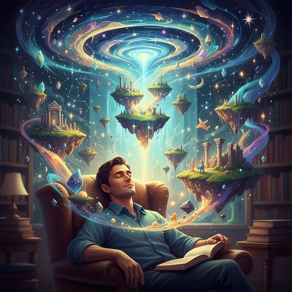 Młody człowiek śniący obok monitora z wygenerowanym przez AI obrazem, motyw wyobraźni