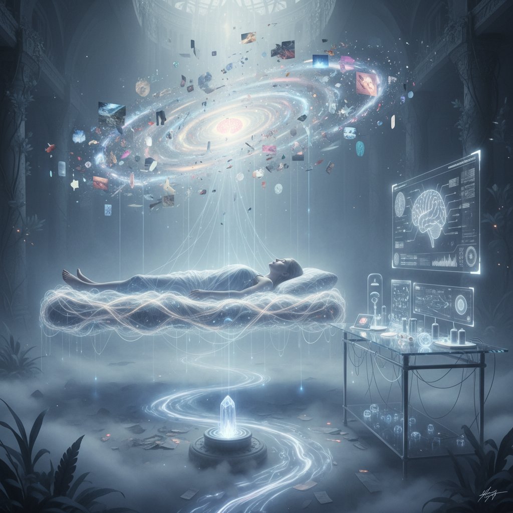 Osoba śniąca, z zamglonym światłem, symbolizująca nieświadomość i analizę snów